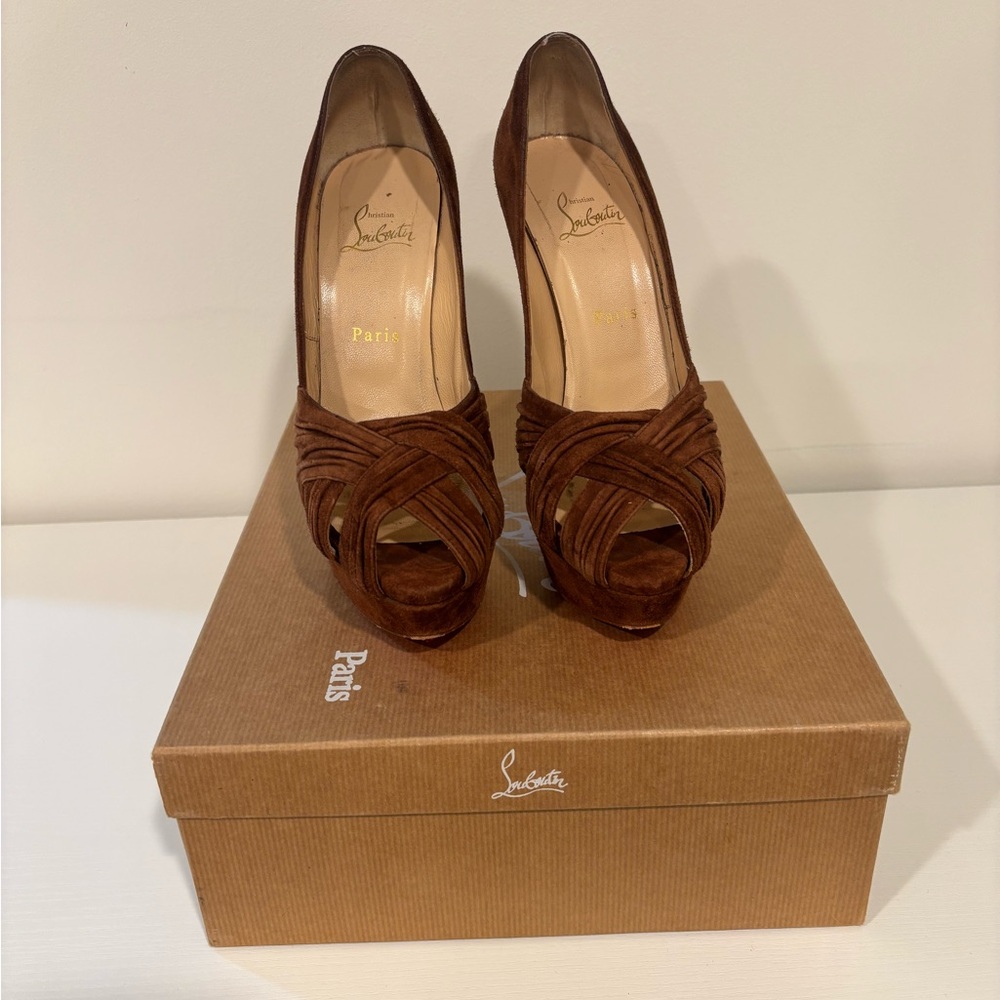 Christian Louboutin Brown High Heel Peep-Toe Pumps